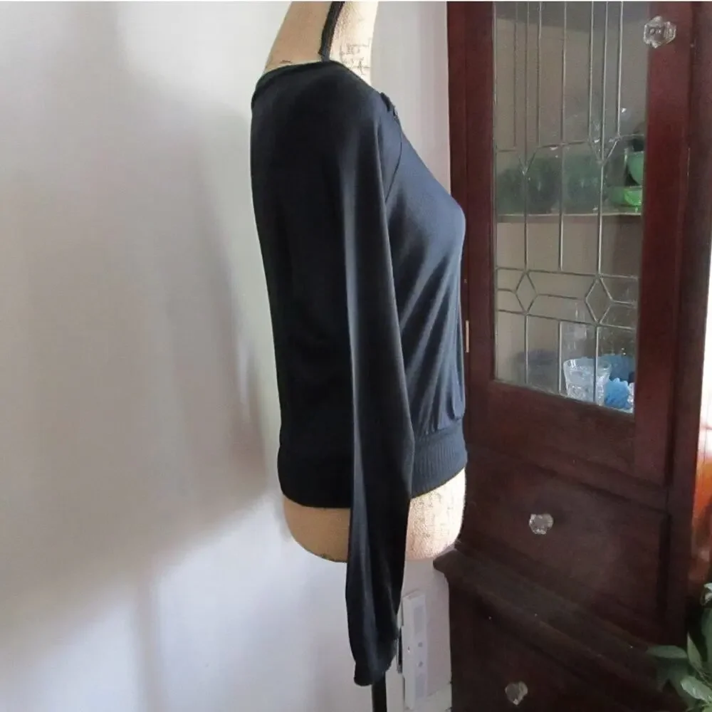 70s Vintage Black Boatneck Sweater Size M Buttons Long Sleeve Minimalist Goth